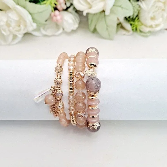 Boho Elastic Beaded gold pink Charm Bracelet Stretch multilayer set 💖2/$30 - Picture 4 of 11